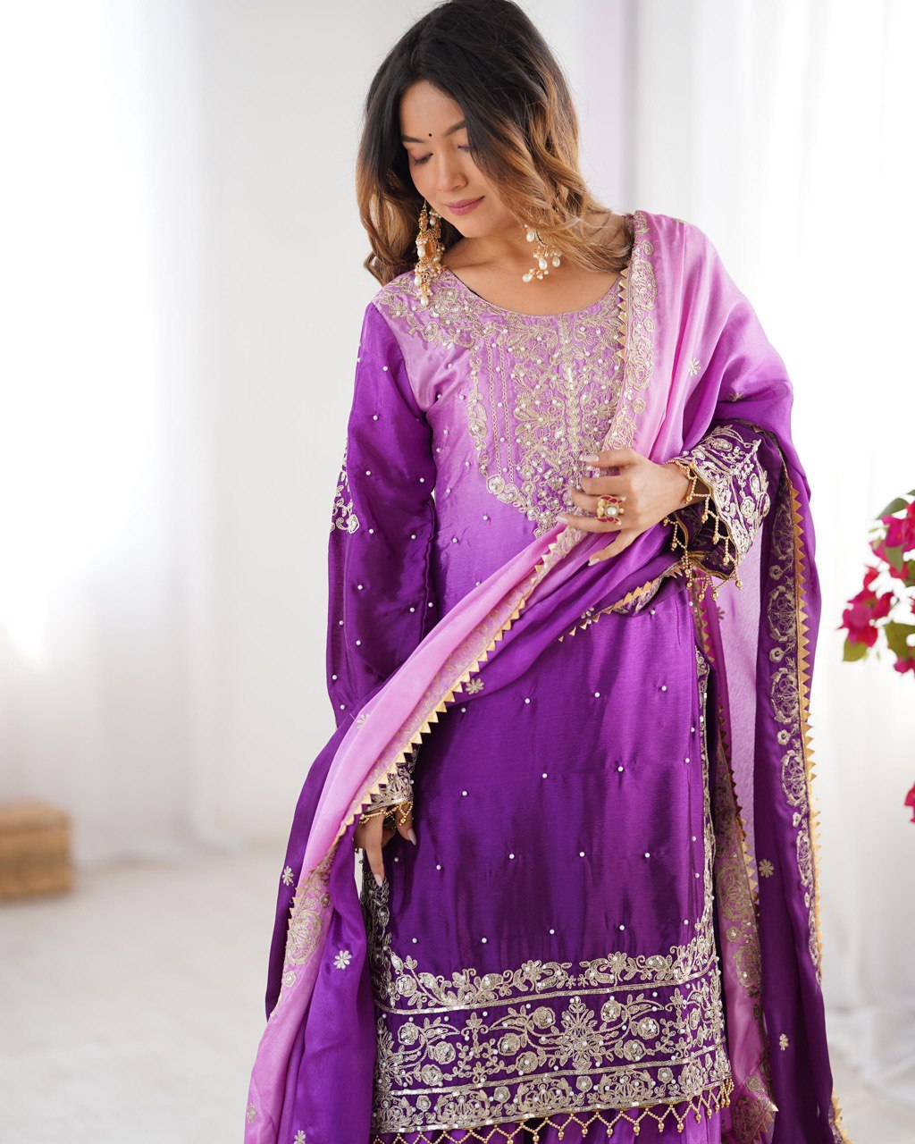 Prazu Fashion Lavender Chinon Silk Sequence With Rivet Moti Palazzo Suit | Grocsy