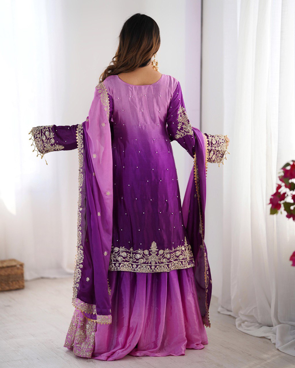Prazu Fashion Lavender Chinon Silk Sequence With Rivet Moti Palazzo Suit | Grocsy