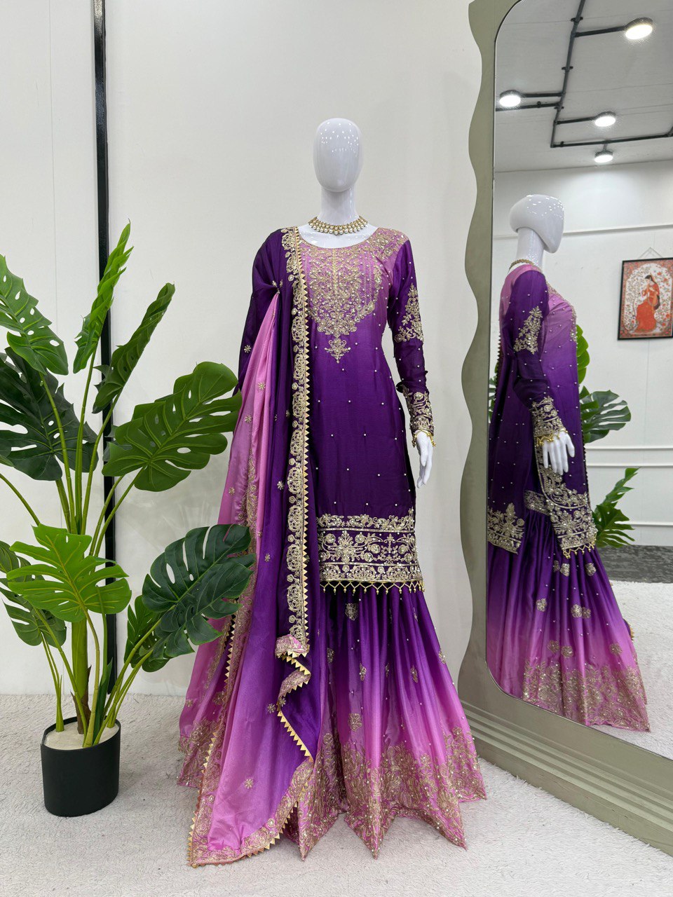 Prazu Fashion Lavender Chinon Silk Sequence With Rivet Moti Palazzo Suit | Grocsy