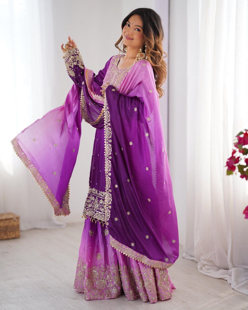 Prazu Fashion Lavender Chinon Silk Sequence With Rivet Moti Palazzo Suit | Grocsy