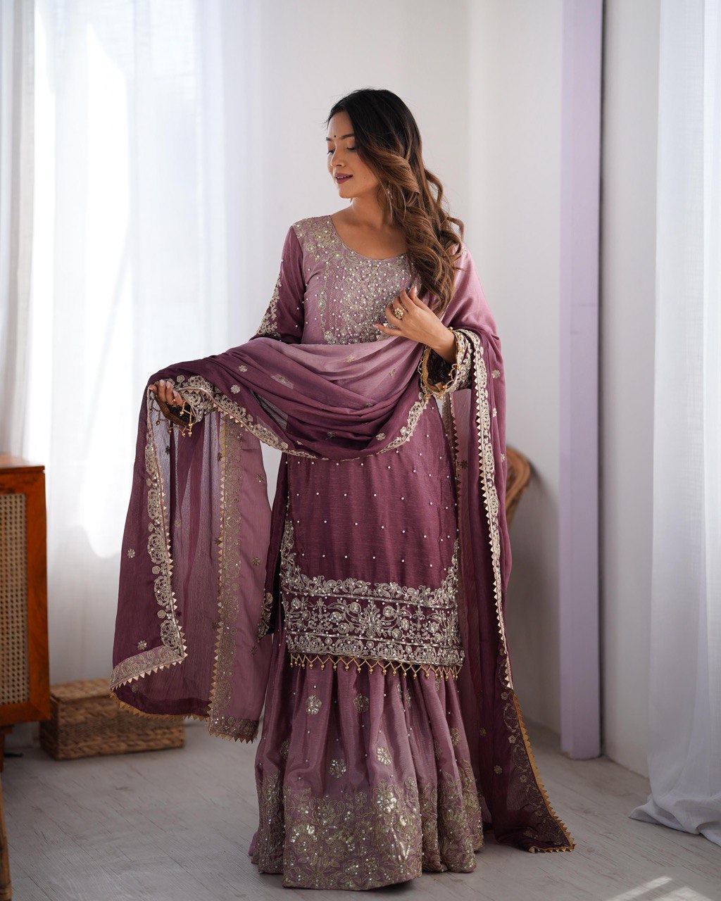 Prazu Fashion Onion Pink Chinon Silk Sequence With Rivet Moti Palazzo Suit | Grocsy