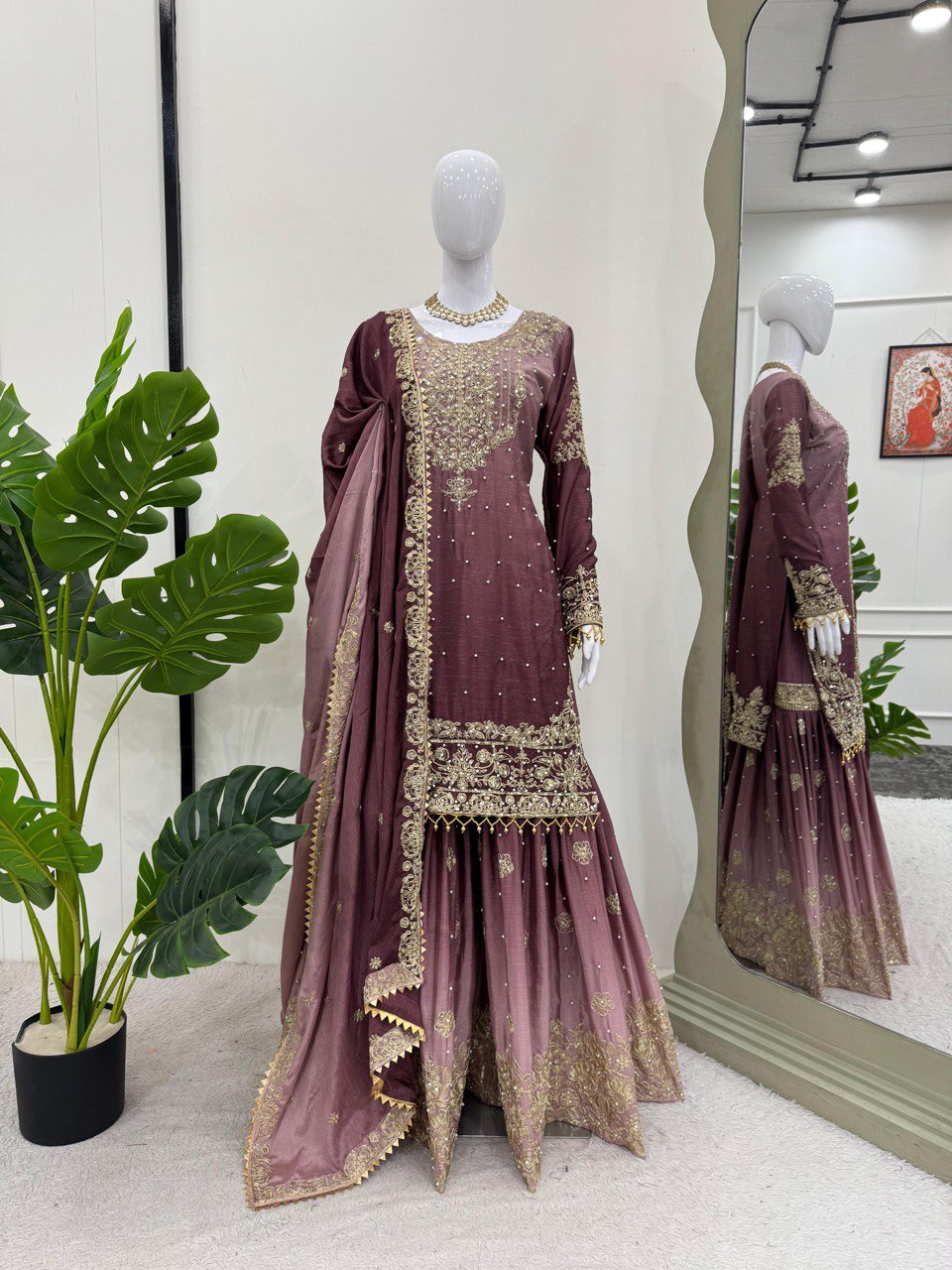 Prazu Fashion Onion Pink Chinon Silk Sequence With Rivet Moti Palazzo Suit | Grocsy
