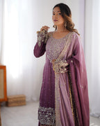 Prazu Fashion Onion Pink Chinon Silk Sequence With Rivet Moti Palazzo Suit | Grocsy