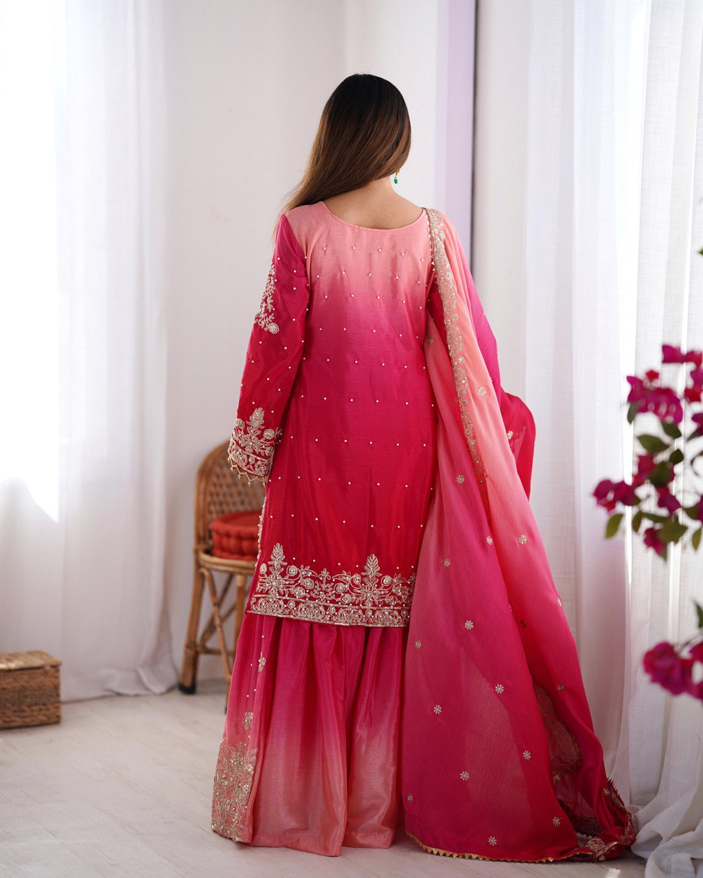 Prazu Fashion Pink Chinon Silk Sequence With Rivet Moti Palazzo Suit | Grocsy