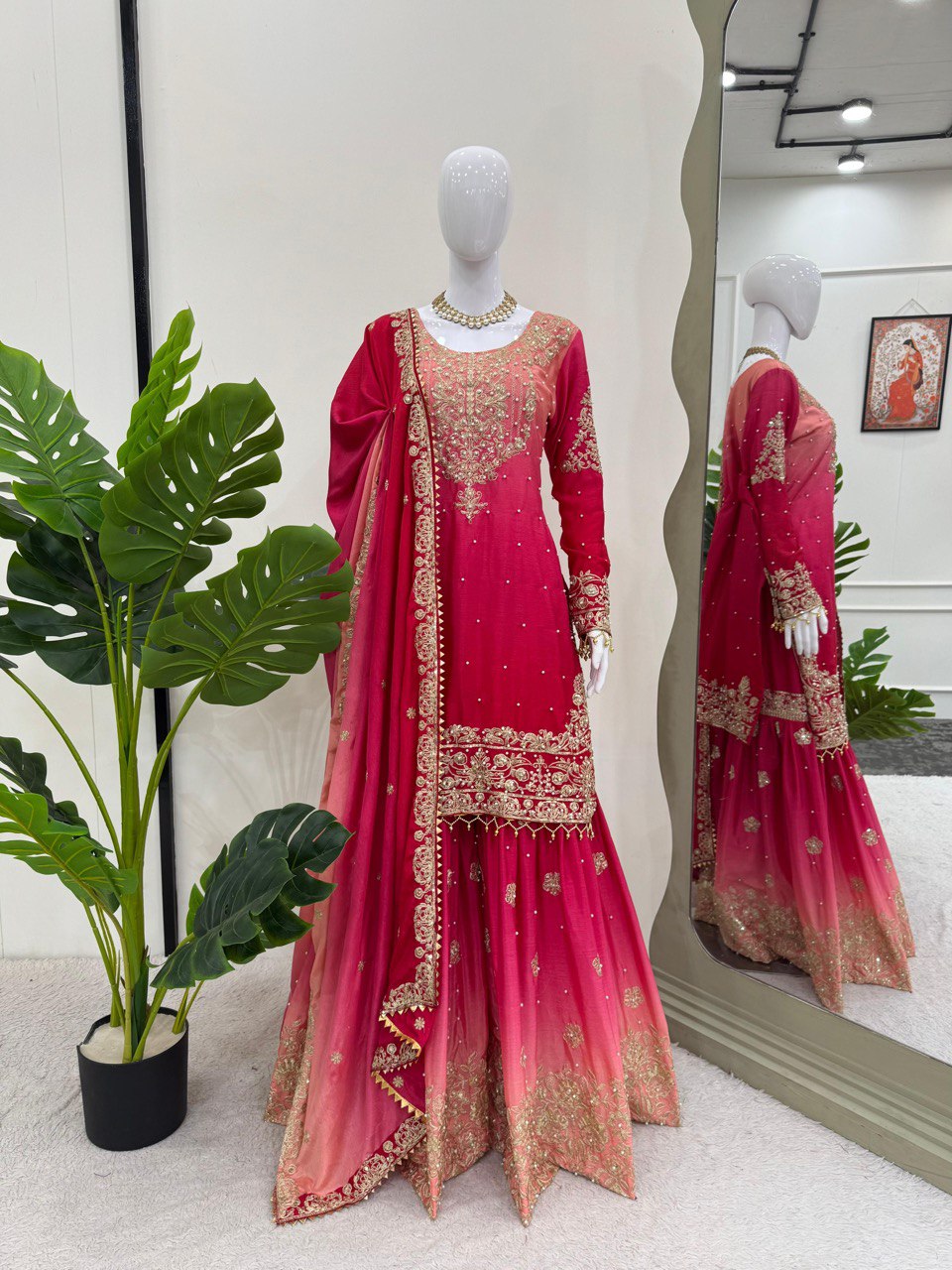 Prazu Fashion Pink Chinon Silk Sequence With Rivet Moti Palazzo Suit | Grocsy