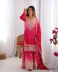 Prazu Fashion Pink Chinon Silk Sequence With Rivet Moti Palazzo Suit | Grocsy