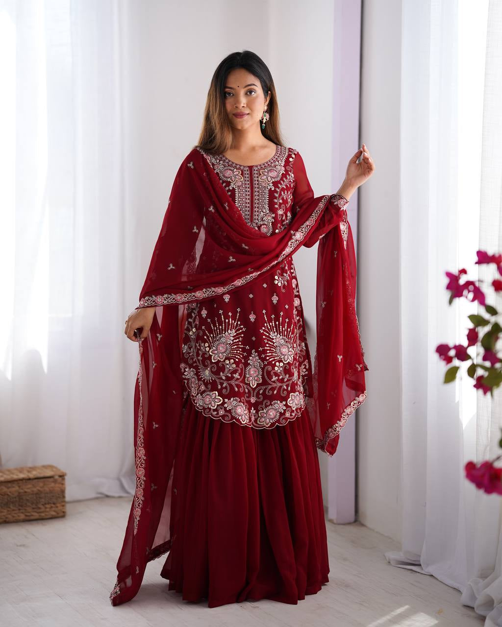 Lehenga Mart Designer Wedding Wear Sharara Suit For Women - Red | Grocsy