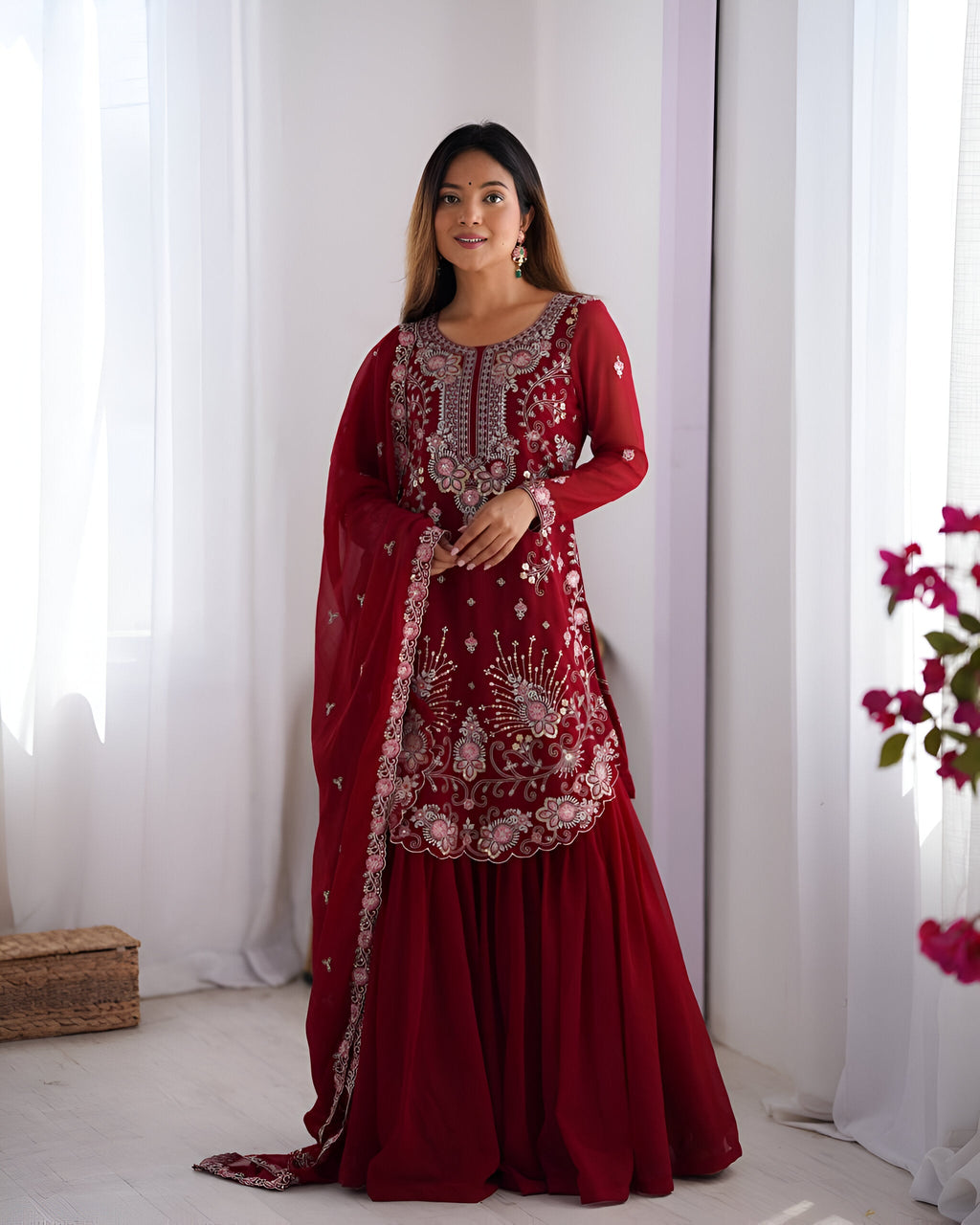 Lehenga Mart Designer Wedding Wear Sharara Suit For Women - Red | Grocsy