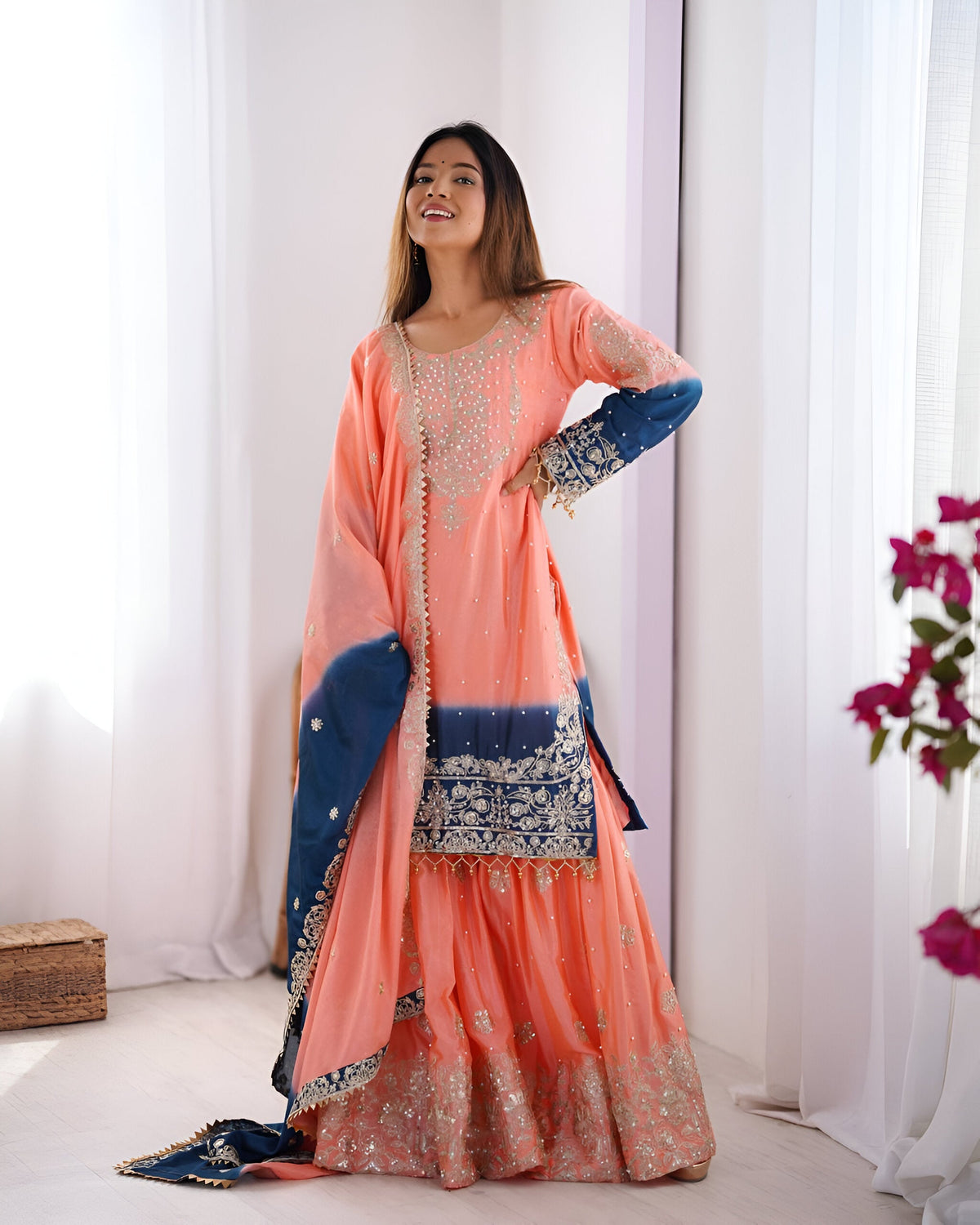Lehenga Mart Designer Wedding Wear Palazzo Suit For Women - Peach | Grocsy