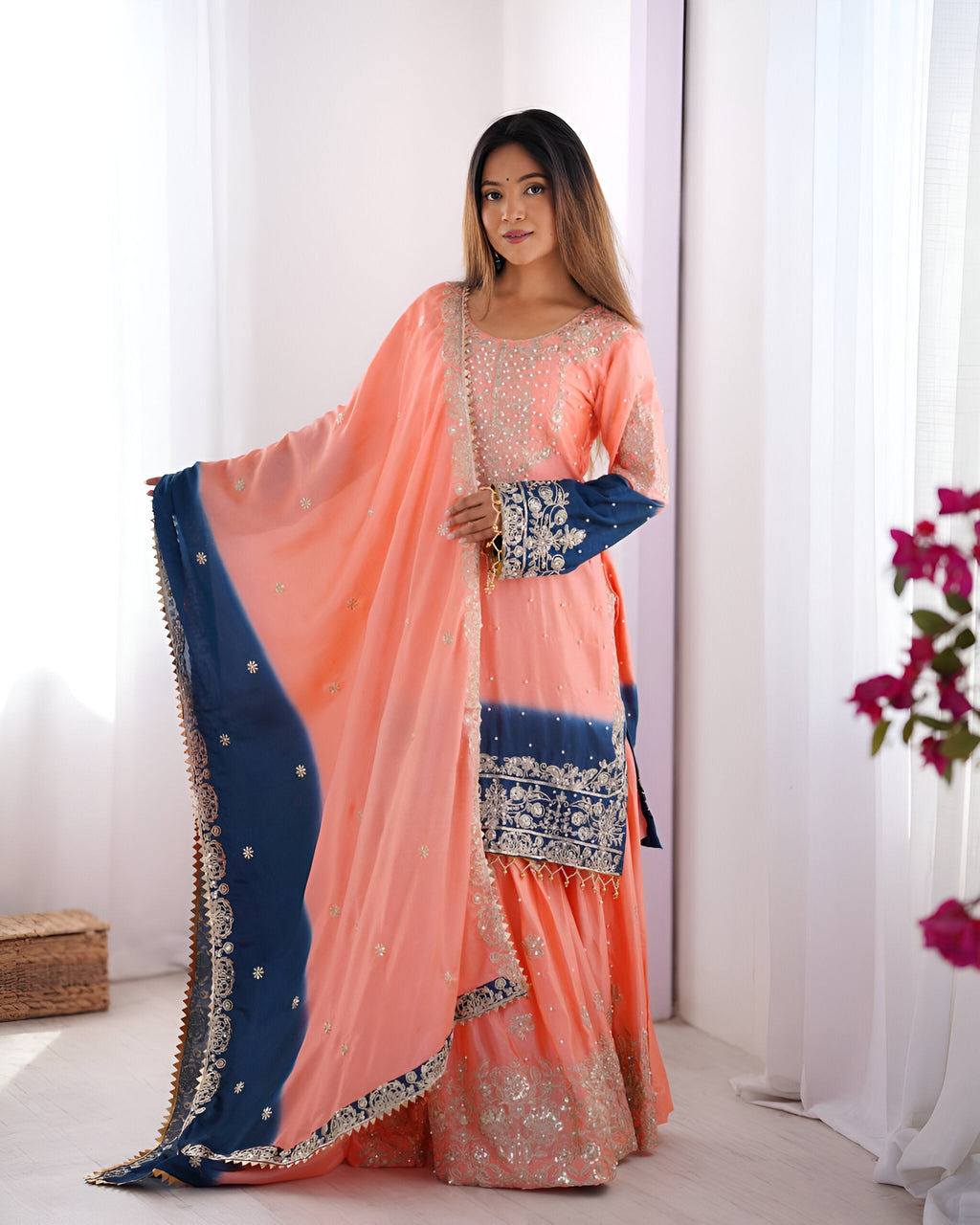 Lehenga Mart Designer Wedding Wear Palazzo Suit For Women - Peach | Grocsy