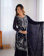 Lehenga Mart Navy Blue Faux Georgette Gorgeous Sharara Suit For Wedding Wear | Grocsy