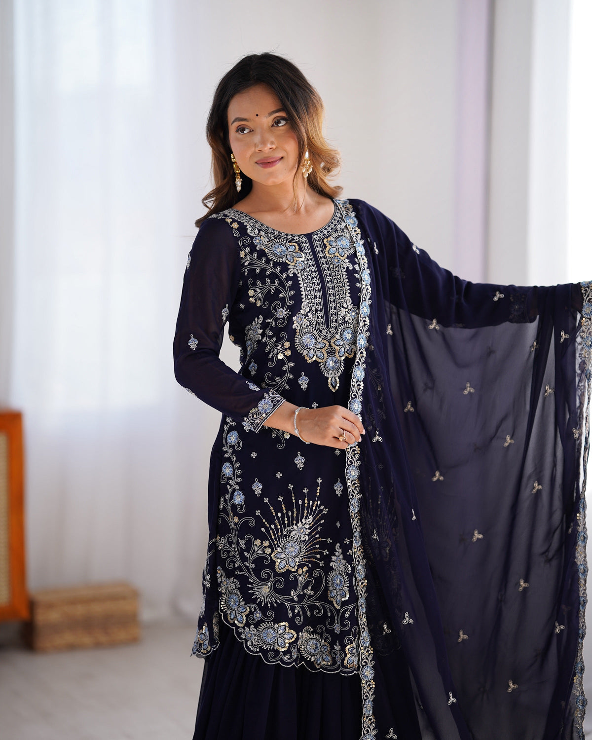 Lehenga Mart Navy Blue Faux Georgette Gorgeous Sharara Suit For Wedding Wear | Grocsy