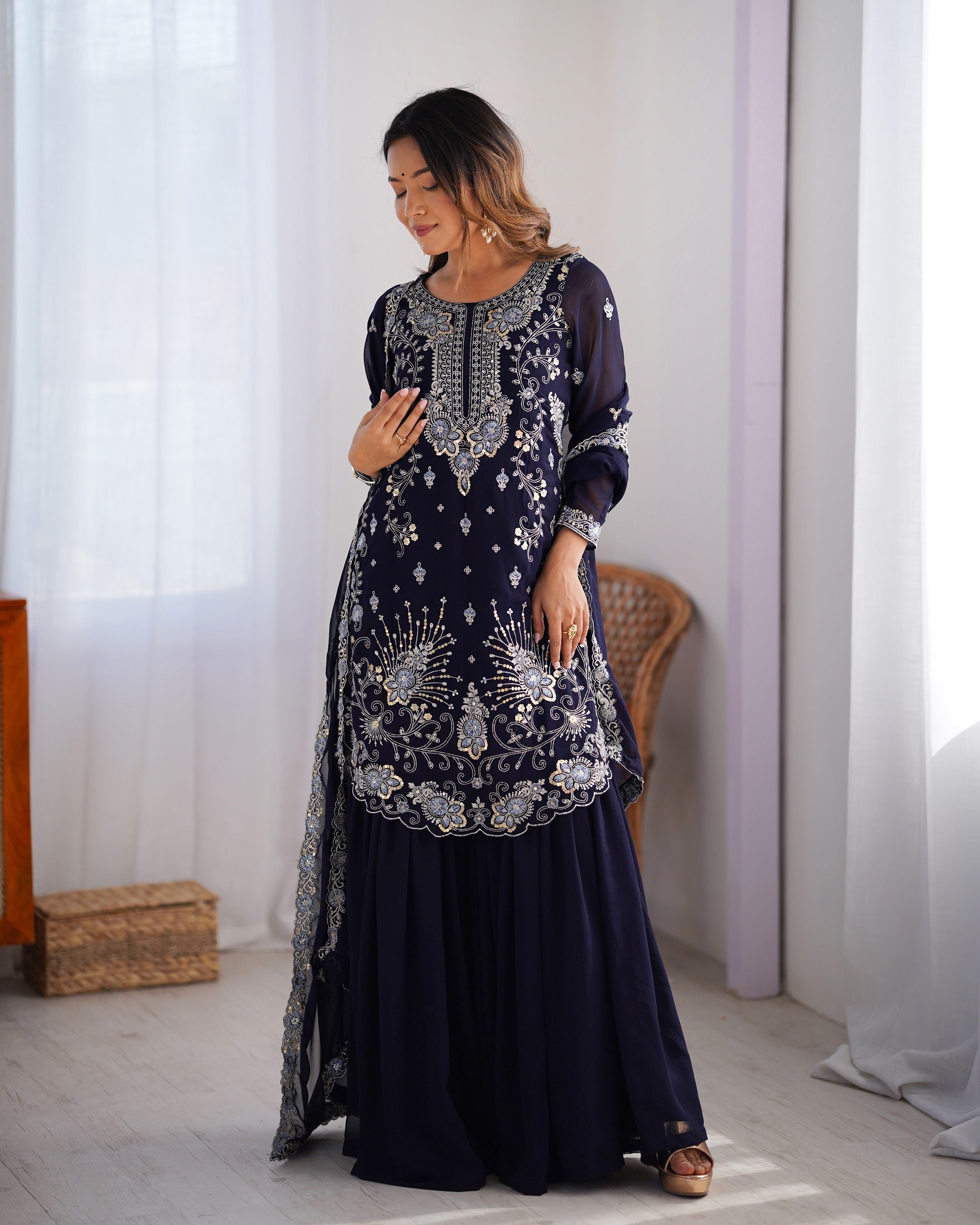 Lehenga Mart Navy Blue Faux Georgette Gorgeous Sharara Suit For Wedding Wear | Grocsy