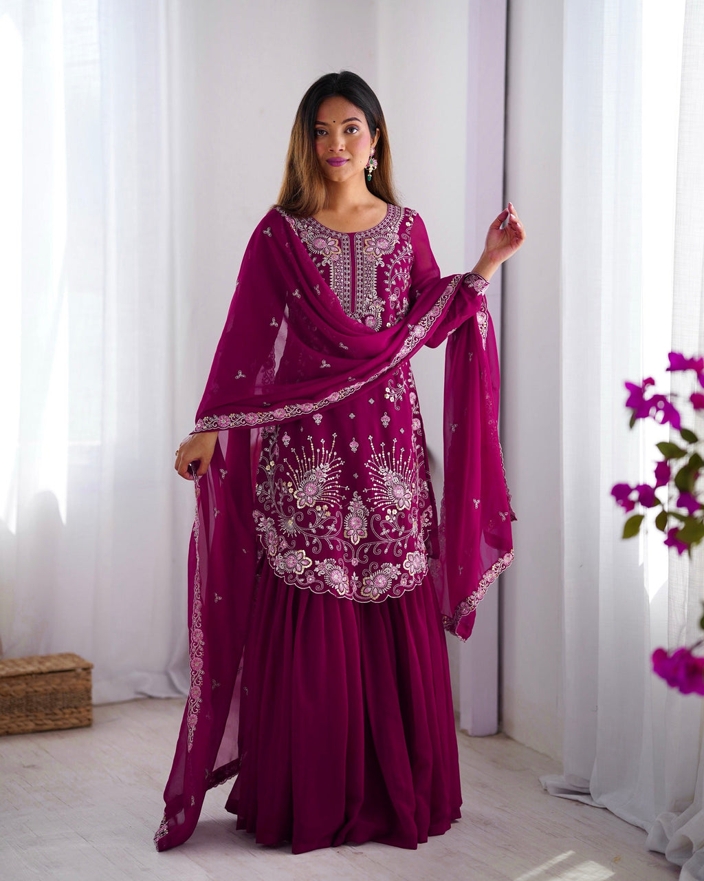 Lehenga Mart Pink Faux Georgette Gorgeous Sharara Suit For Wedding Wear | Grocsy