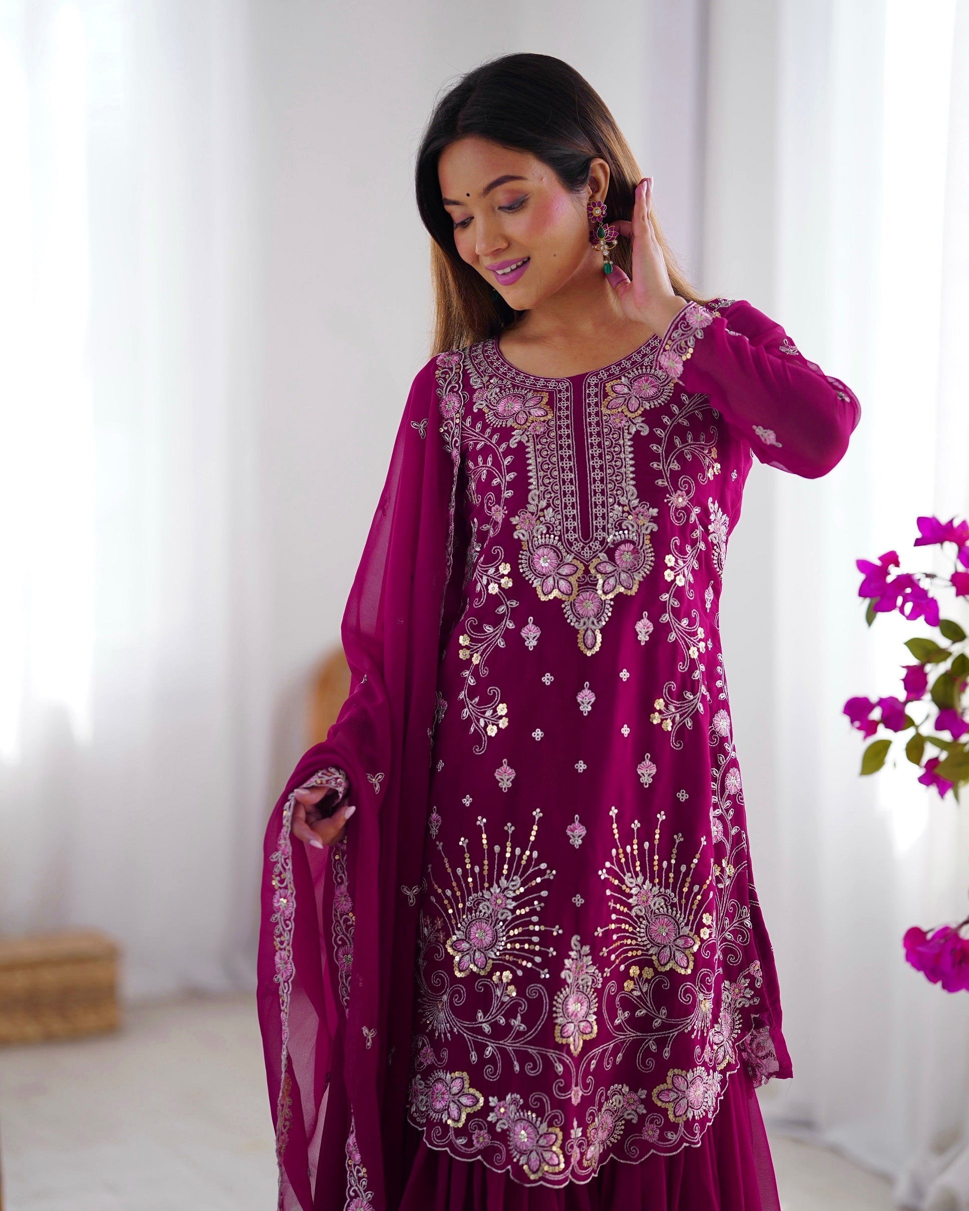 Lehenga Mart Pink Faux Georgette Gorgeous Sharara Suit For Wedding Wear | Grocsy