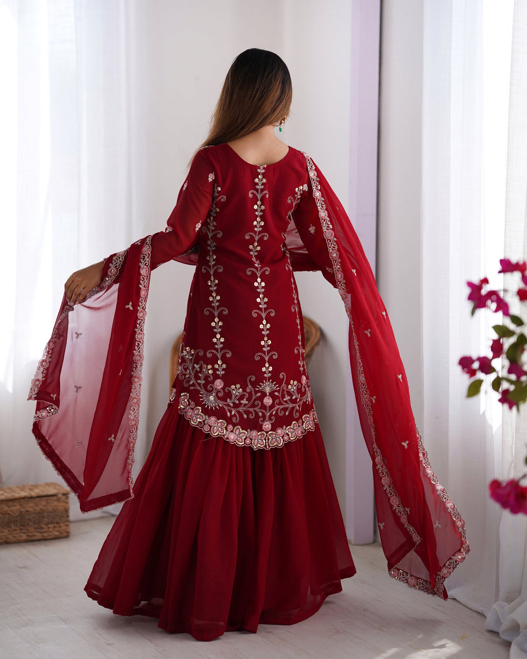 Lehenga Mart Red Faux Georgette Gorgeous Sharara Suit For Wedding Wear | Grocsy