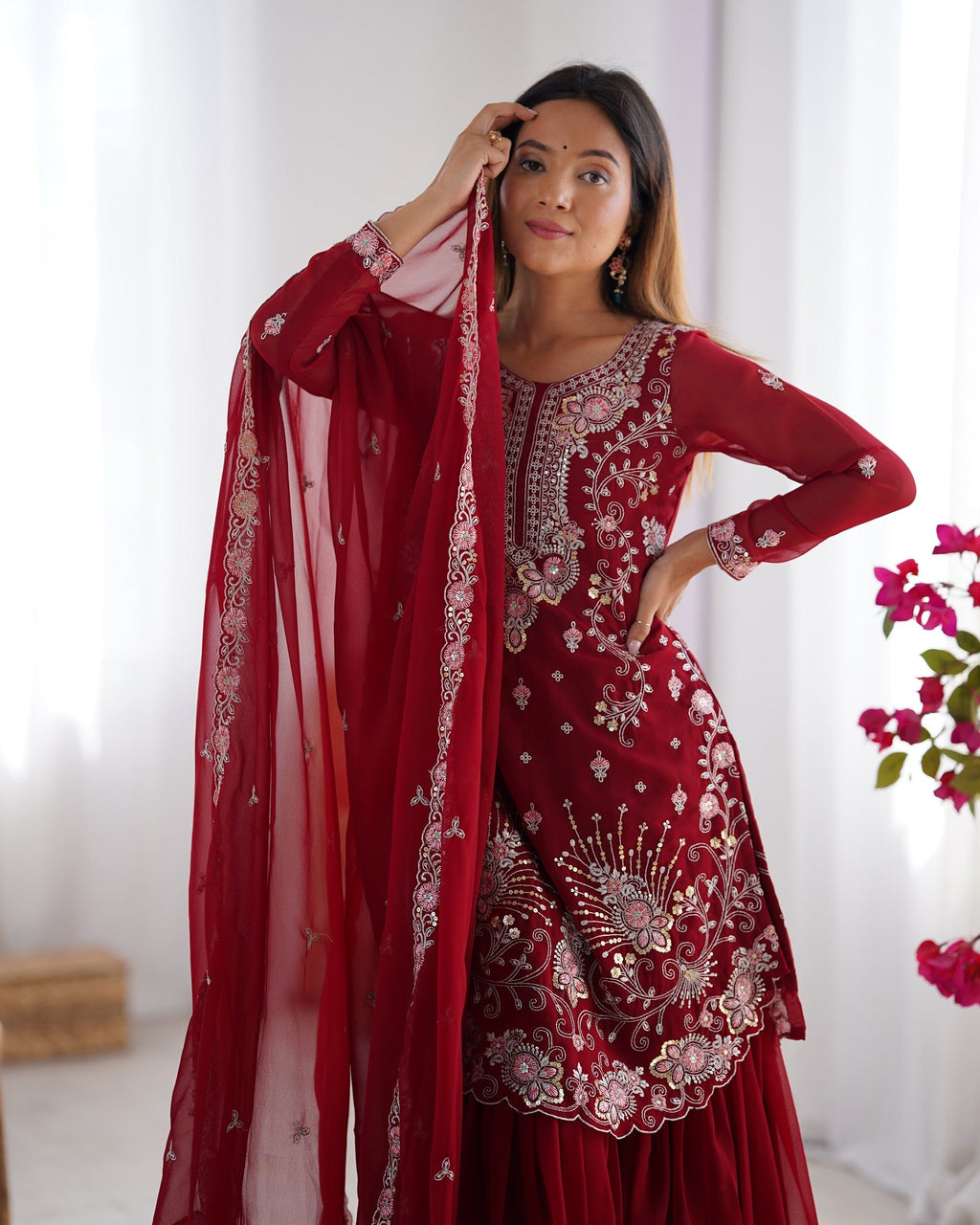 Lehenga Mart Red Faux Georgette Gorgeous Sharara Suit For Wedding Wear | Grocsy