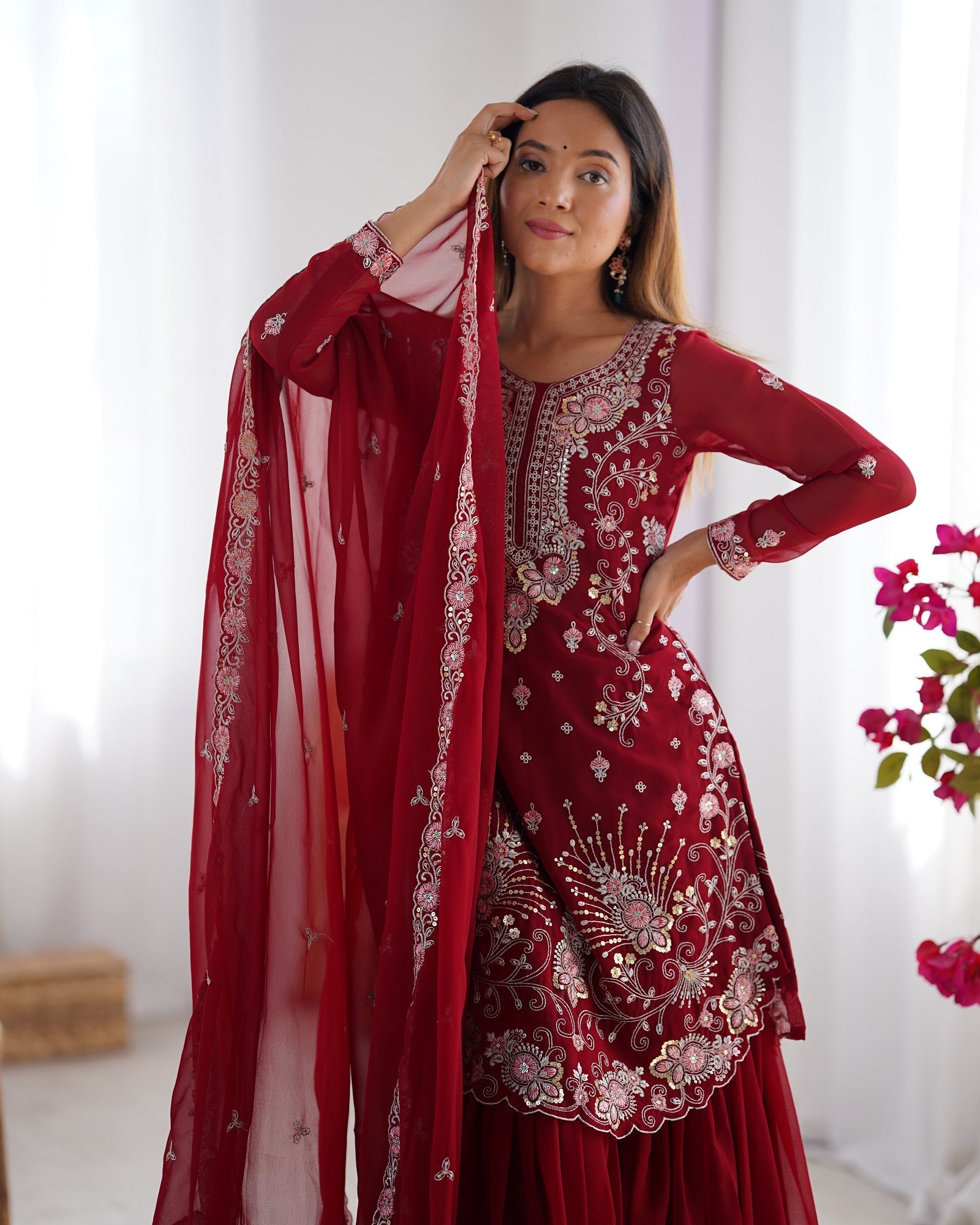 Lehenga Mart Red Faux Georgette Gorgeous Sharara Suit For Wedding Wear | Grocsy