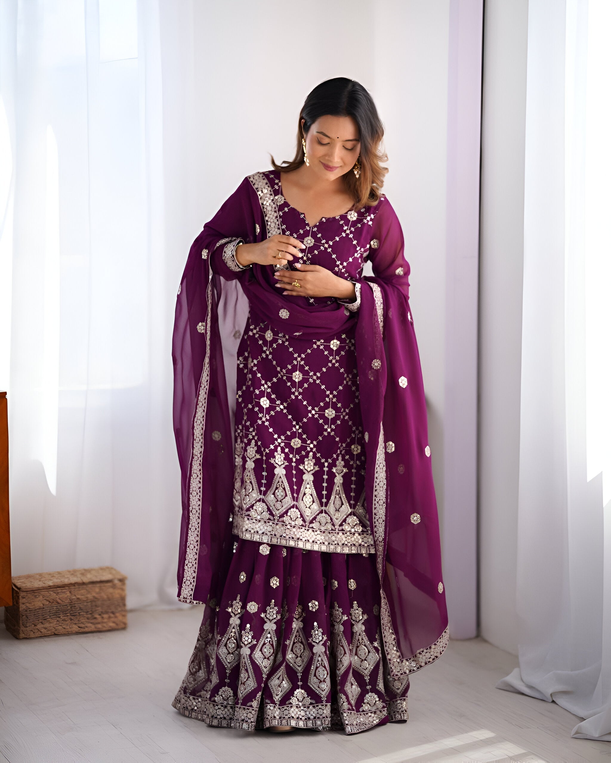 Lehenga Mart Designer Wedding Wear Plazzo Suit for Women - Purple | Grocsy