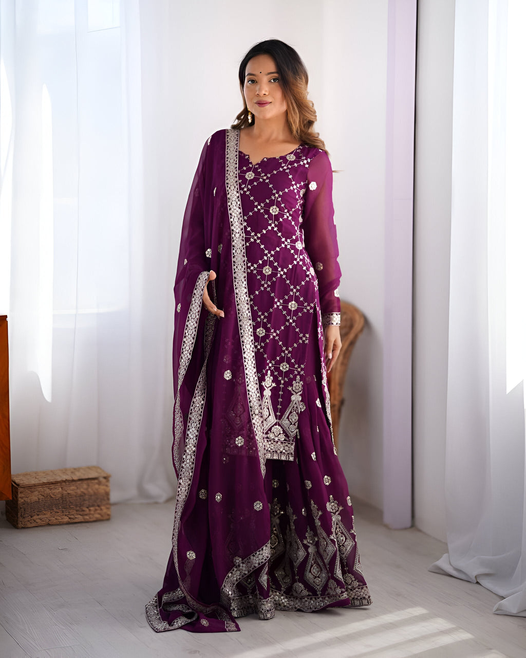 Lehenga Mart Designer Wedding Wear Plazzo Suit for Women - Purple | Grocsy