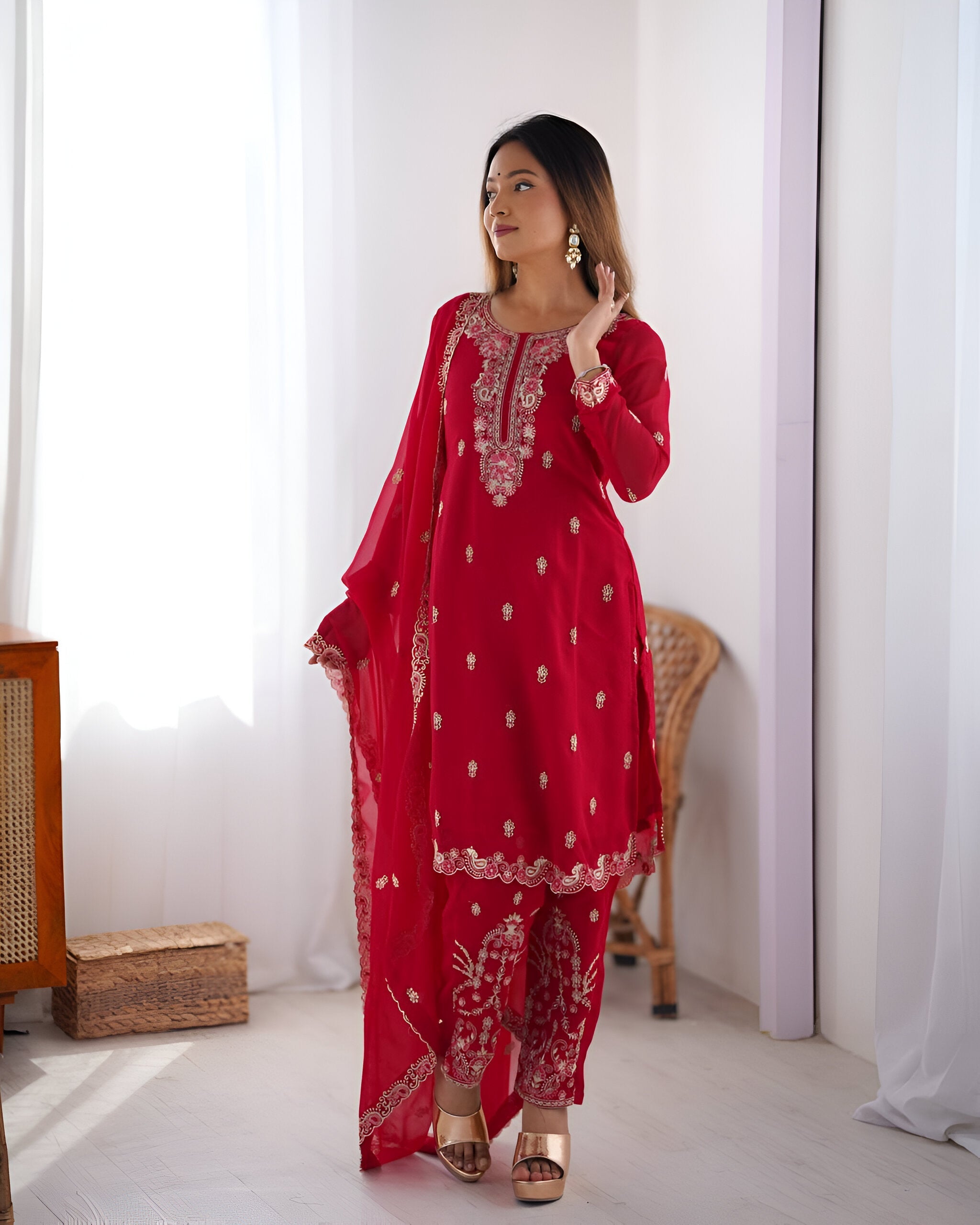 Lehenga Mart Designer Kurta Pant Dupatta - pink | Grocsy