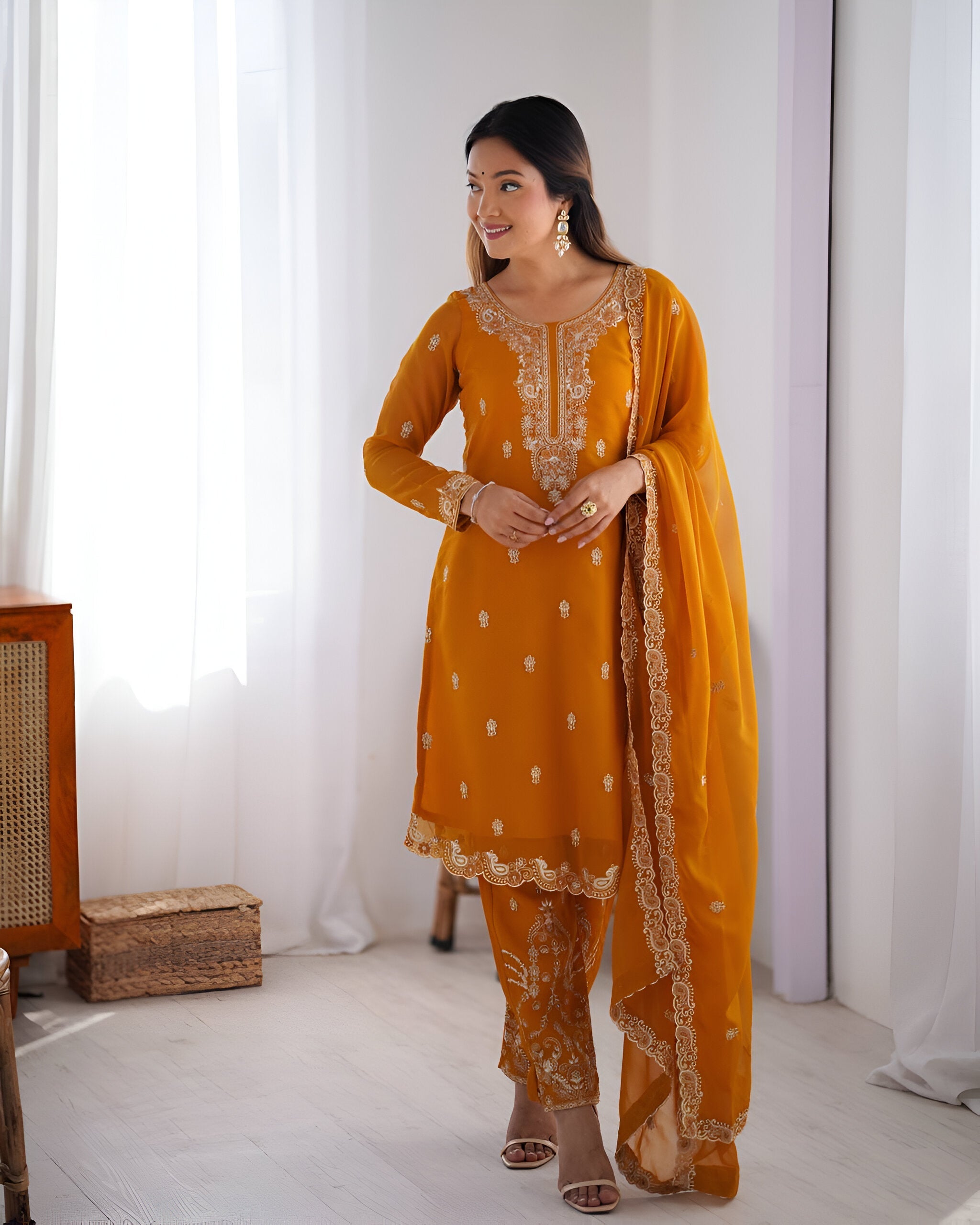 Lehenga Mart Designer Kurta Pant Dupatta - Mustard | Grocsy