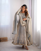 Lehenga Mart Wedding Wear Anarkali Gown With Dupatta - Grey | Grocsy