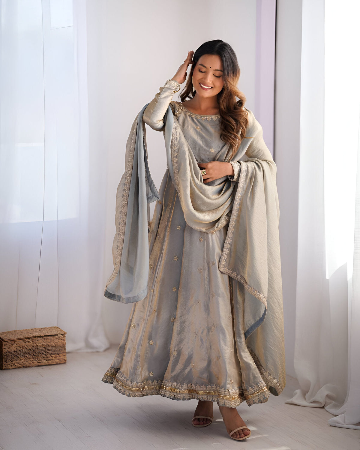 Lehenga Mart Wedding Wear Anarkali Gown With Dupatta - Grey | Grocsy
