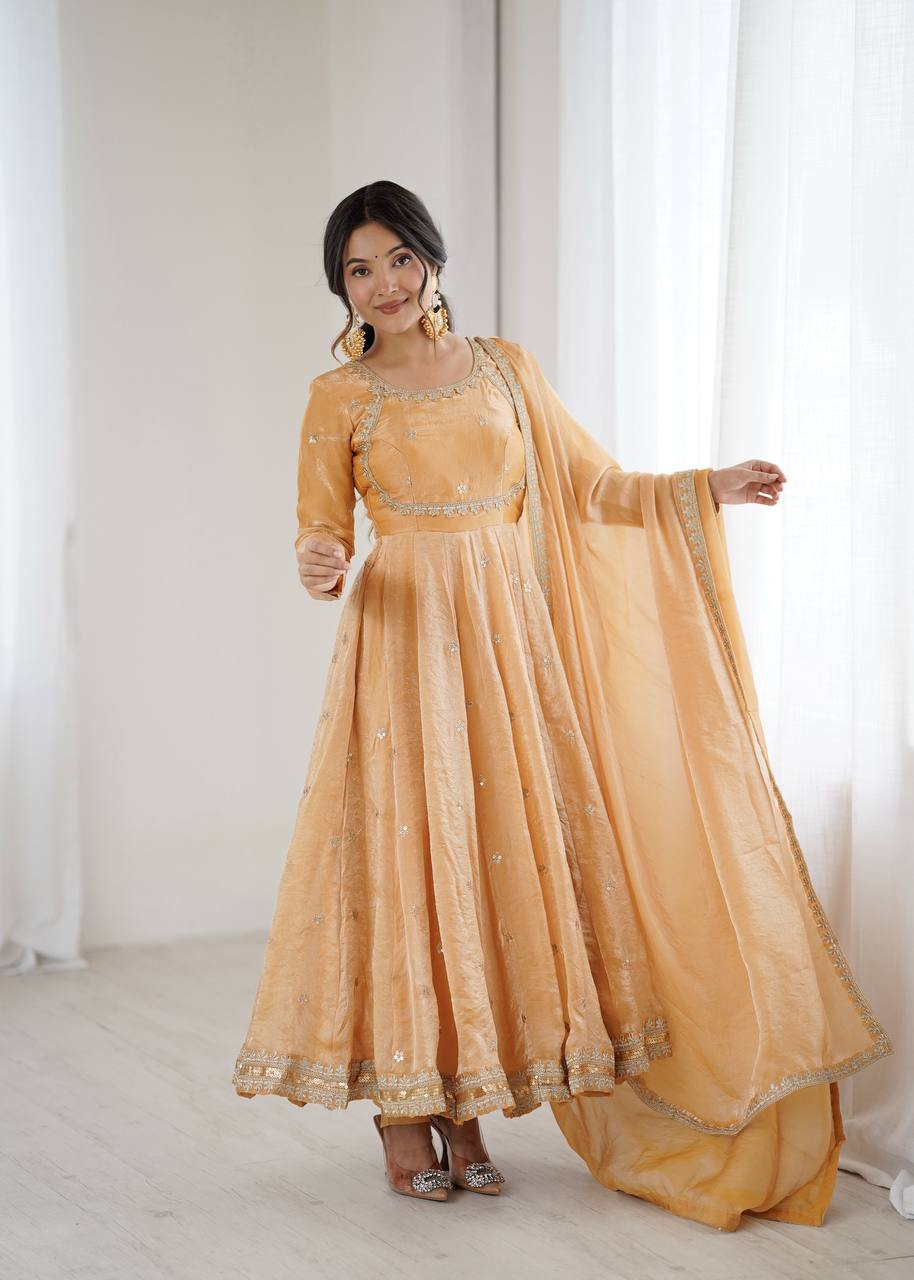 Prazu Fashion Light Golden Fandy Silk Coding With Sequence Work Wedding Wear Anarkali Suit | Grocsy