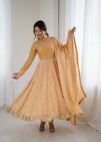 Prazu Fashion Light Golden Fandy Silk Coding With Sequence Work Wedding Wear Anarkali Suit | Grocsy