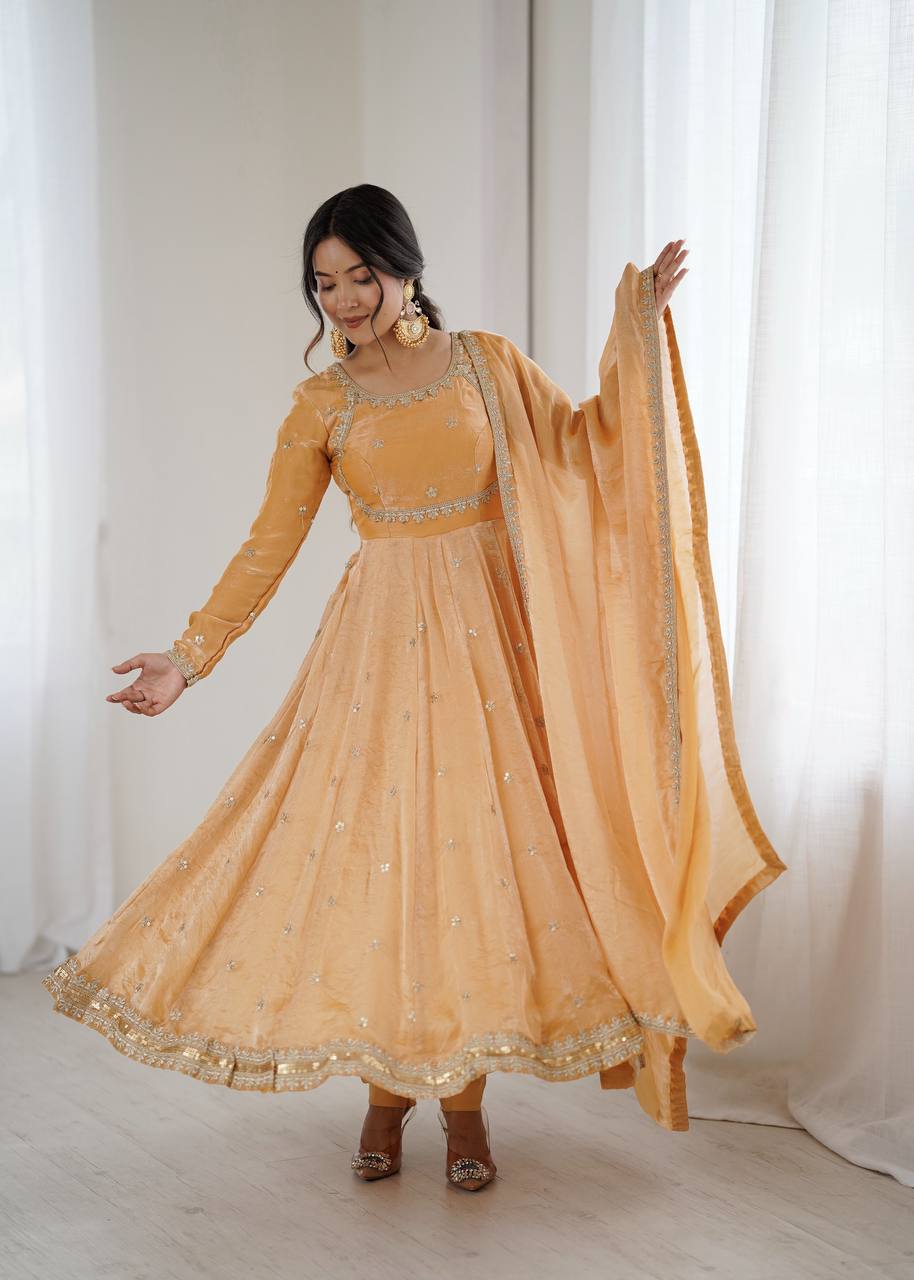 Prazu Fashion Light Golden Fandy Silk Coding With Sequence Work Wedding Wear Anarkali Suit | Grocsy