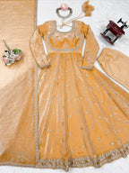 Prazu Fashion Light Golden Fandy Silk Coding With Sequence Work Wedding Wear Anarkali Suit | Grocsy