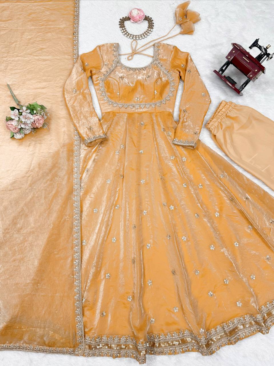 Prazu Fashion Light Golden Fandy Silk Coding With Sequence Work Wedding Wear Anarkali Suit | Grocsy