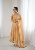 Prazu Fashion Light Golden Fandy Silk Coding With Sequence Work Wedding Wear Anarkali Suit | Grocsy