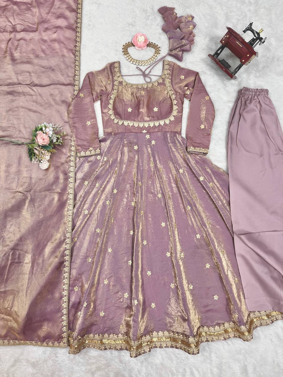 Prazu Fashion Light Onion Pink Fandy Silk Coding With Sequence Work Wedding Wear Anarkali Suit | Grocsy
