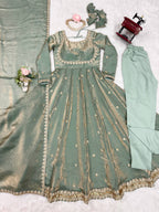Prazu Fashion Olive Green Fandy Silk Coding With Sequence Work Wedding Wear Anarkali Suit | Grocsy