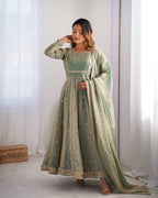 Prazu Fashion Olive Green Fandy Silk Coding With Sequence Work Wedding Wear Anarkali Suit | Grocsy