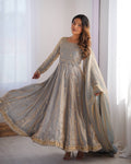Prazu Fashion Silver Grey Fandy Silk Coding With Sequence Work Wedding Wear Anarkali Suit | Grocsy