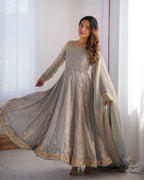 Prazu Fashion Silver Grey Fandy Silk Coding With Sequence Work Wedding Wear Anarkali Suit | Grocsy