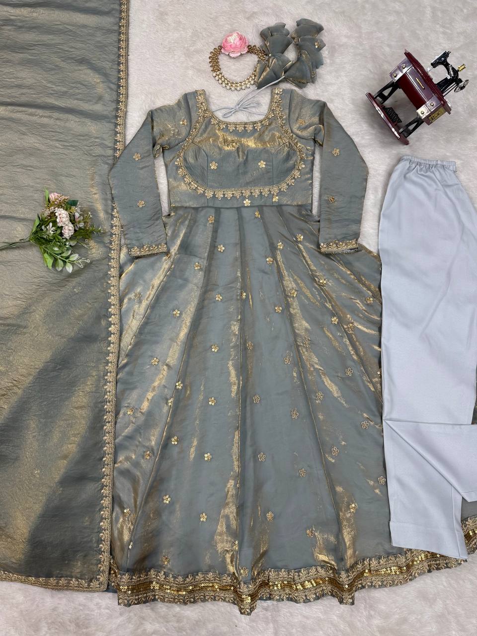 Prazu Fashion Silver Grey Fandy Silk Coding With Sequence Work Wedding Wear Anarkali Suit | Grocsy