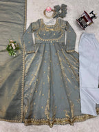 Prazu Fashion Silver Grey Fandy Silk Coding With Sequence Work Wedding Wear Anarkali Suit | Grocsy