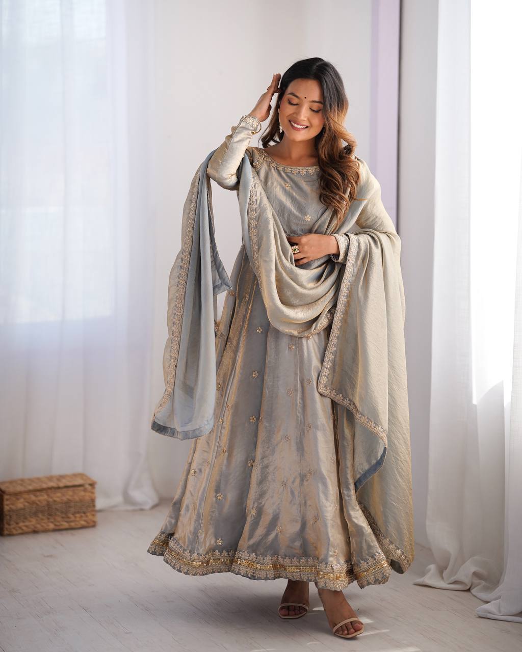 Prazu Fashion Silver Grey Fandy Silk Coding With Sequence Work Wedding Wear Anarkali Suit | Grocsy