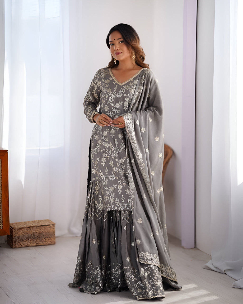 Lehenga Mart Designer Wedding Wear Sharara Suit for Women - Grey | Grocsy