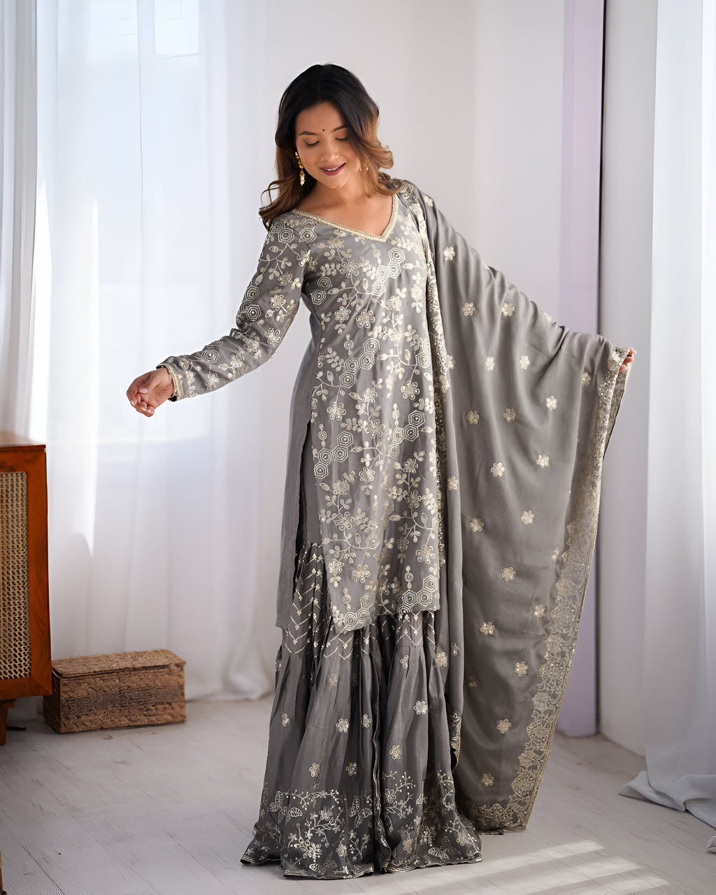Lehenga Mart Designer Wedding Wear Sharara Suit for Women - Grey | Grocsy
