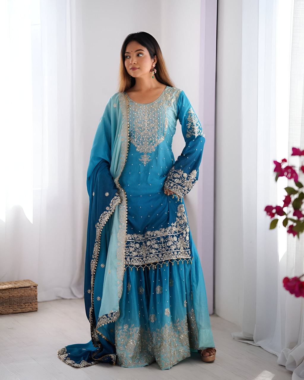 Lehenga Mart Designer Wedding Wear Plazzo Suit for Women - Blue | Grocsy