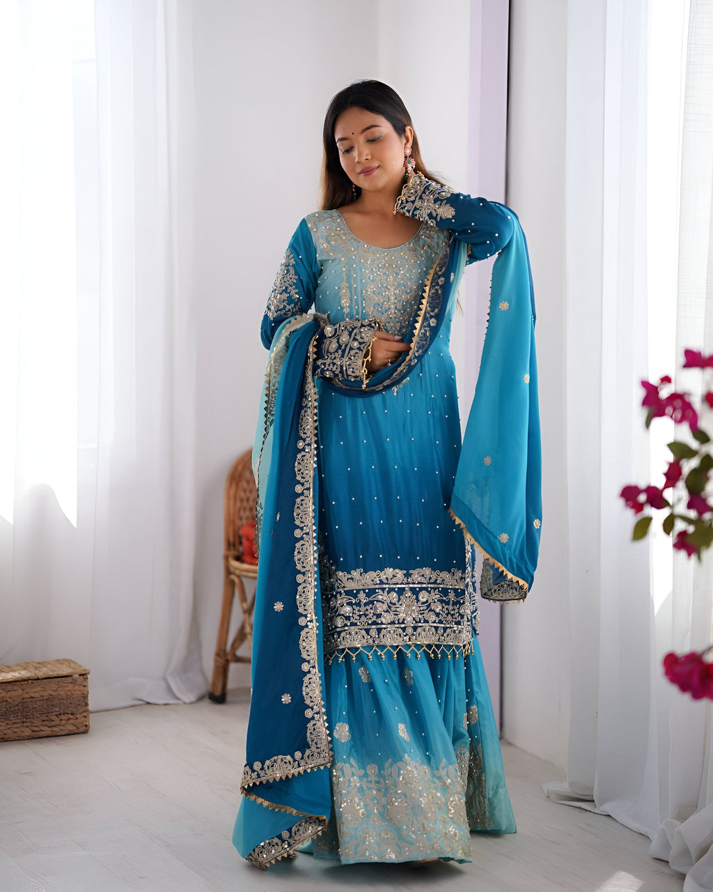 Lehenga Mart Designer Wedding Wear Plazzo Suit for Women - Blue | Grocsy