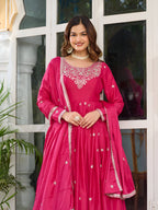 Lehenga Mart Wedding Wear Anarkali Gown With Dupatta - pink | Grocsy