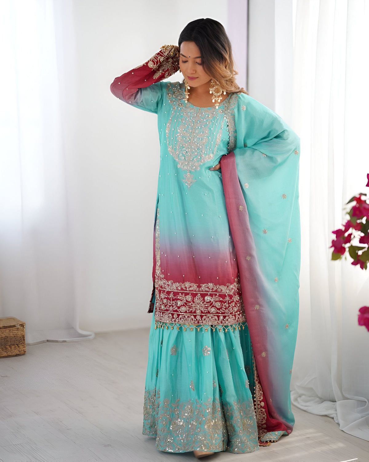Lehenga Mart Designer Wedding Wear Plazzo Suit for Women - Sky Blue | Grocsy