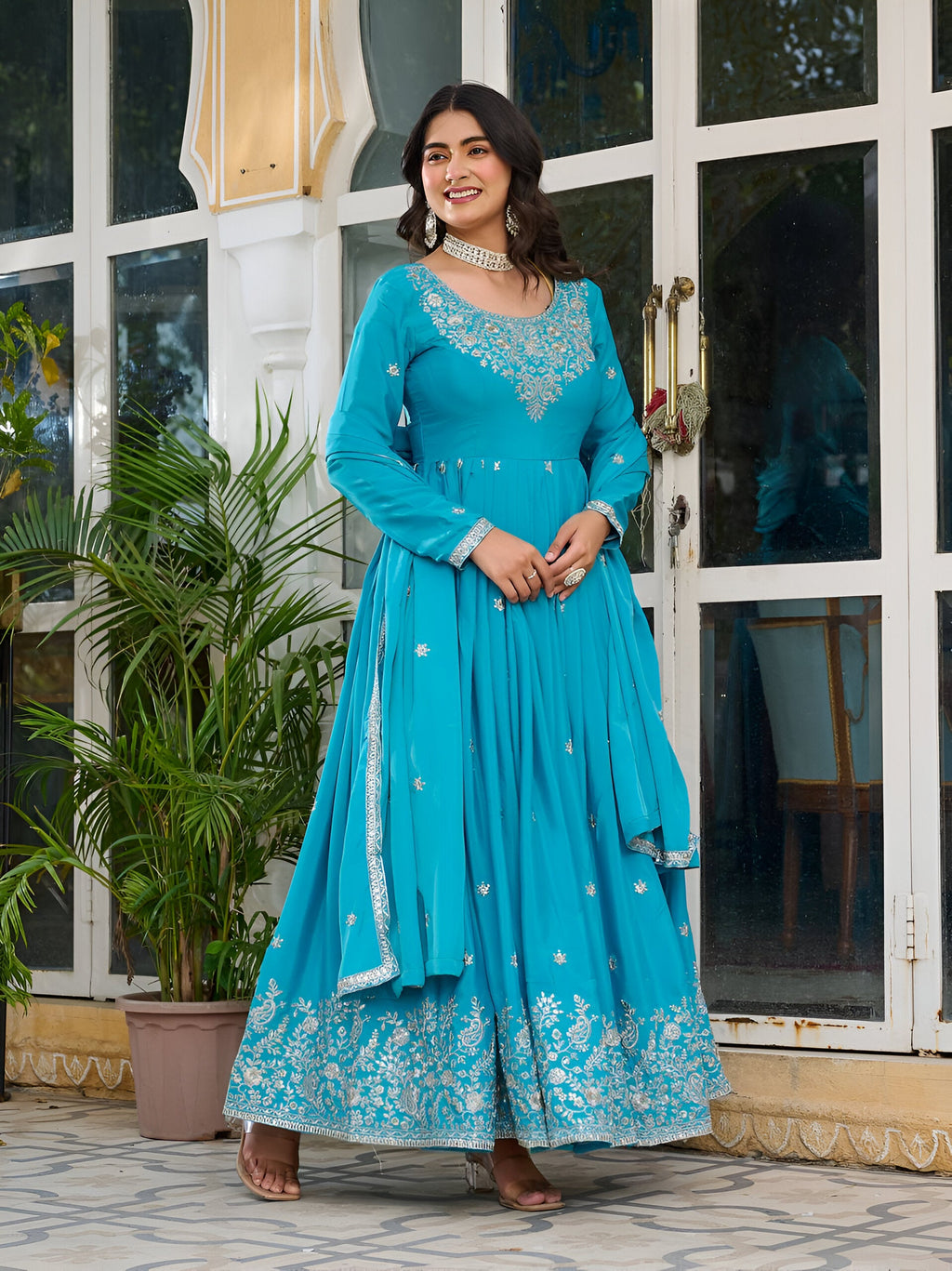 Lehenga Mart Wedding Wear Anarkali Gown With Dupatta - Sky Blue | Grocsy
