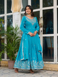Lehenga Mart Wedding Wear Anarkali Gown With Dupatta - Sky Blue | Grocsy